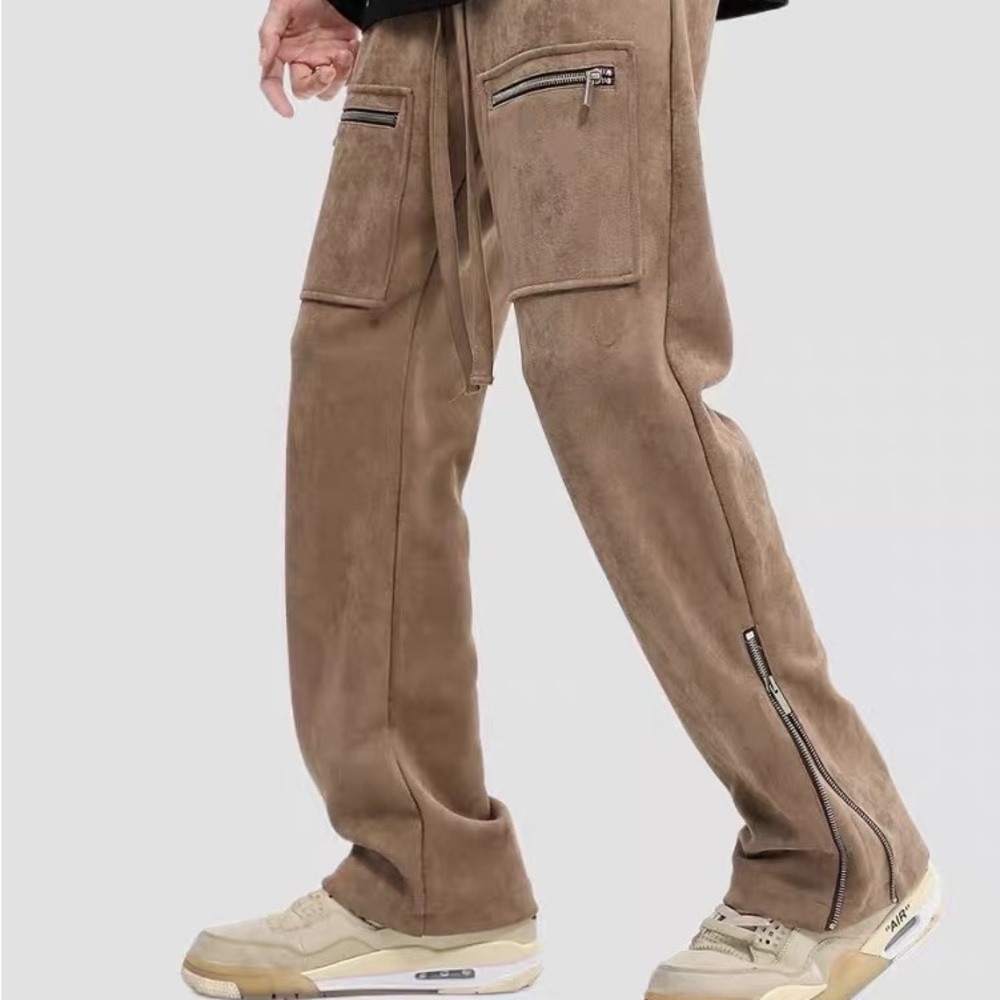 Loose oversized micro cargo pants with side zippers suede - Picture 2 of 4